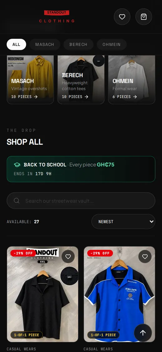 Standout Clothing's shop on a phone, showing products with prices