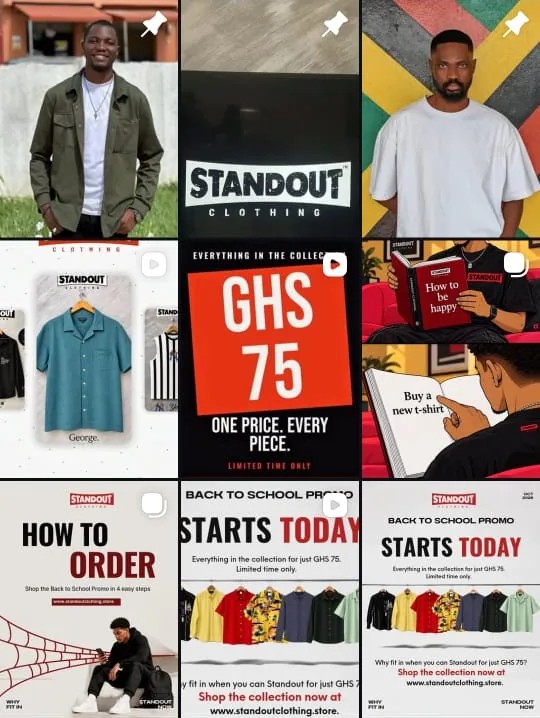 Standout Clothing's Instagram grid of posts and promos
